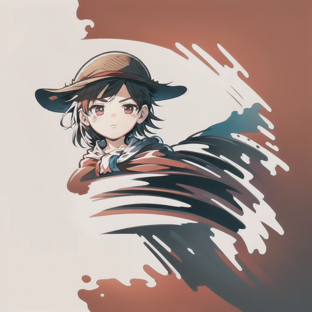 (masterpiece, best quality), Intricate detailing, 8K, artstation, backdrop, offcial art, keen focus, 1 boy, One Piece, chibi, Straw Hat Logo, White background, simple sea background, black hair, pirate flag in the background, only up to the upper body, Strawhat, red top, Straw hat on the head, Straw