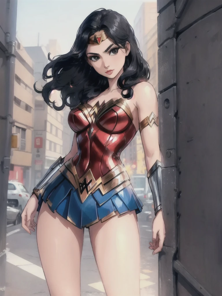 g4lg, wonder woman, ((wearing a white Real Madrid tshirt)), (pretty face:1.2), (finely detailed face and beautiful eyes), mature female, muscle, bare hands, (armlet, blue armor skirt, bracer, head ring ), (black eyes, black long hair, messy hair, floating hair), ((white Real Madrid tshirt)), (long proportional legs), (best quality:1.1),(city background:1.2), dark_fantasy,, ((masterpiece)),