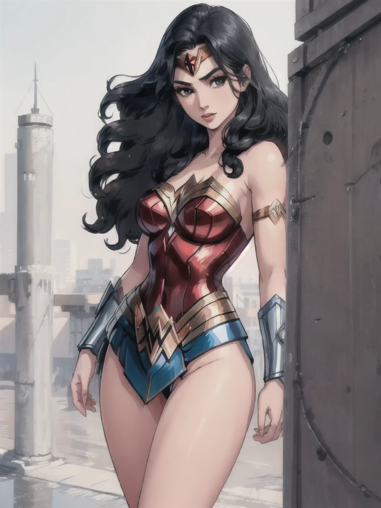 g4lg, wonder woman, ((wearing a white Real Madrid tshirt)), (pretty face:1.2), (finely detailed face and beautiful eyes), mature female, muscle, bare hands, (armlet, blue armor skirt, bracer, head ring ), (black eyes, black long hair, messy hair, floating hair), ((white Real Madrid tshirt)), (long proportional legs), (best quality:1.1),(city background:1.2), dark_fantasy,, ((masterpiece)),
