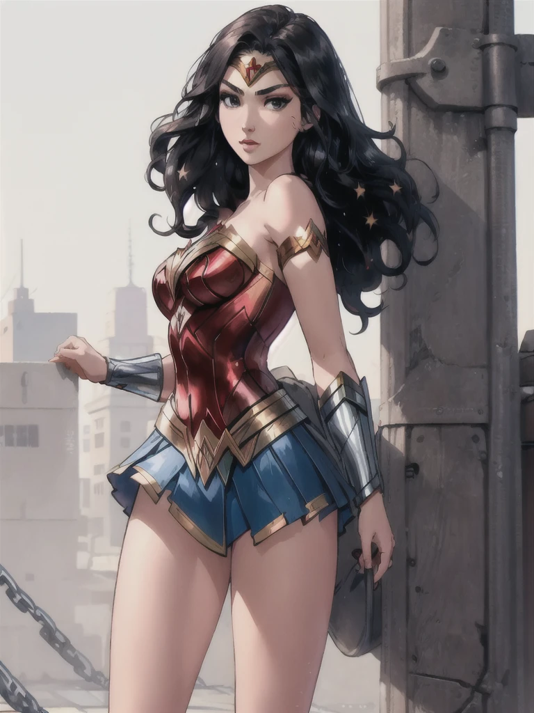 g4lg, wonder woman, ((wearing a white Real Madrid tshirt)), (pretty face:1.2), (finely detailed face and beautiful eyes), mature female, muscle, bare hands, (armlet, blue armor skirt, bracer, head ring ), (black eyes, black long hair, messy hair, floating hair), ((white Real Madrid tshirt)), (long proportional legs), (best quality:1.1),(city background:1.2), dark_fantasy,, ((masterpiece)),
