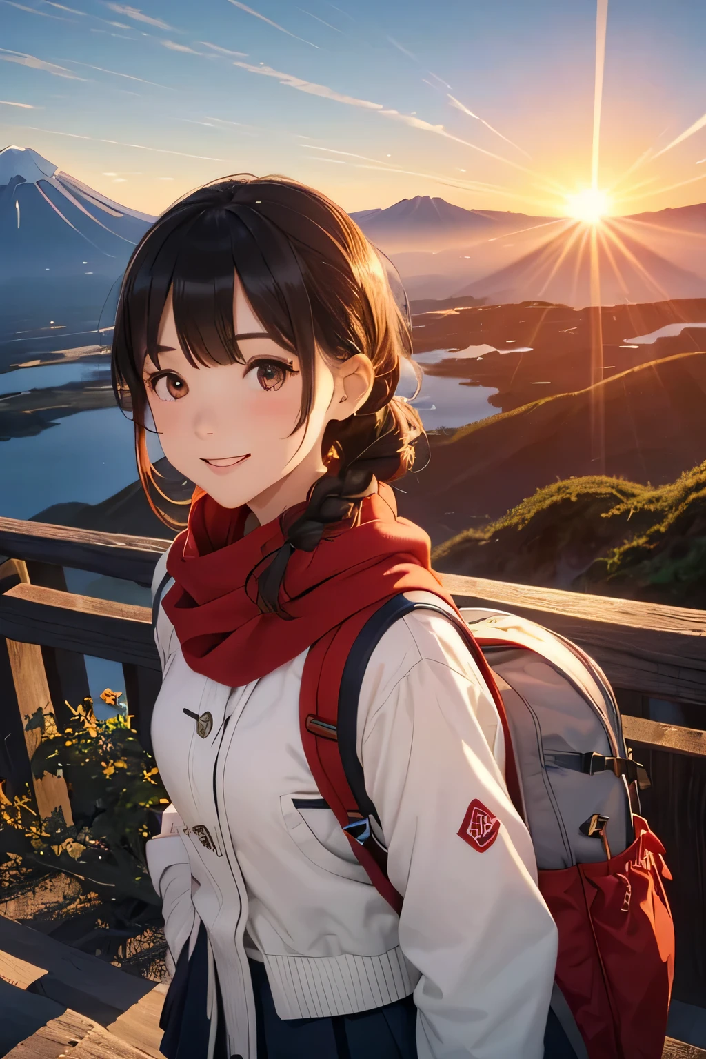 Highest quality、High resolution、Detailed Background、(Beautiful face in every detail:1.4)、Anatomically correct、(Detailed facial expressions)、Teenage beauty、(Highly detailed face:1.4)、Cute hair color、Braided bob cut、Braided Ponytail、Braided long hair、well-groomed eyebrows、Perfect body line、Light down jackets and thick sweaters、Choose your trekking shoes、Gloves and scarves、Earmuffs etc.、We recommend plain tops and simple designs.、The color is white、beige、gray、Navy etc.、
Warm colours such as red and orange、When choosing mountain climbing gear such as backpacks, prioritize functionality and choose ones with a design that matches the mountain climbing style.、A big smile、smile、
The peak of Mt. Fuji towering in the distance、The bright red morning sun paints the sky、
A girl standing alone on the summit、A sparkle dwells in the eyes that look up to the sky、
The sun&#39;s rays shine upon the earth、Beautiful views from high places、
The sight of a girl standing on the mountaintop、clear々A place filled with joy and hope、
(A sunrise scene with two girls amidst the magnificent view of Mt. Fuji:1.5)