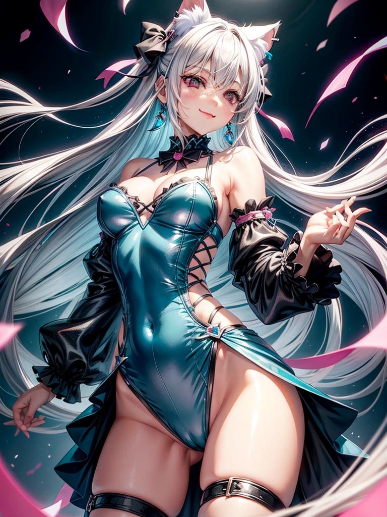 Silver hair, pink eyes, cat ears, adult girl, earrings, fantasy background, teal blue clothes, hair bows, happy face, thigh up