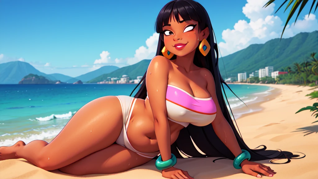 (work of art:1.2, best qualityer:1.2), soft ambient lighting, perfect lighting, 1 girl, standing alone, Chel, Bblack hair, long hair, rhombus stripe, eyes browns, darkskin, lipstick, breasts big, Broad Hips, top of the tube, neckleace, bared shoulders, emerald earrings, emerald bracelets, looking at the camera with a smug expression on his face, beach background, very large body, fat belly rolls, big breasts, sexy smile, fat arms, thunder thighs, super fat, looking at viewer, wet clothes, sweating very hard, sexy looking, blob, breathtaking, bedroom, lying in bed, home