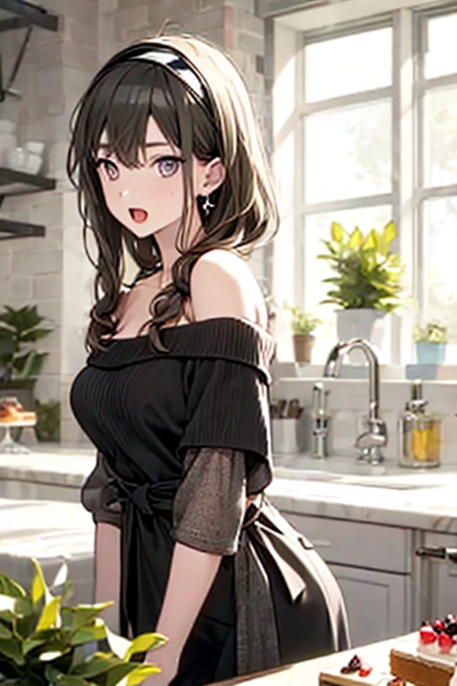 masterpiece, yor, 1girl, Amazing Cleavage:1.3, thin waist, big ass, Raised sexy, medium breast: 1.8 posed cleavage:1.2、solo, looking at viewer, open mouth, have a cup of coffee,black hair, red eyes, dress, bare shoulders, jewelry, collarbone, sidelocks, hairband, earrings, indoors, off shoulder, :o, sweater, arms behind back, plant, short hair with long locks, white hairband, off-shoulder dress, sweater dress, off-shoulder sweater, red sweater, big side hair, very long side hair,is rendered in (masterpiece: 1.2, best quality), with (ultra high resolution) and an exquisite (depth of field). This masterpiece is not only visually stunning but also tells, make of cake cooking ,in the kitchen