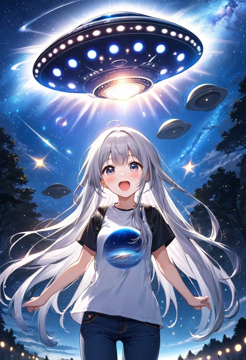 Silver long hair、Twin-tailed Girl、T-shirt and jeans、Surprised face、A large unidentified flying object (UFO) is flying、A shining light from the UFO、Star of the sky、milky way、Moonlit Night
