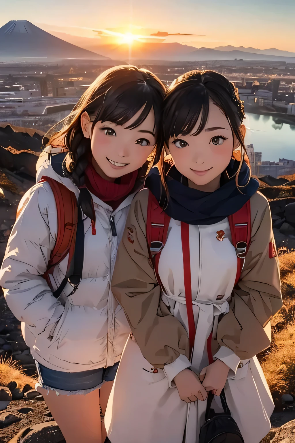 Highest quality、High resolution、Detailed Background、(Beautiful face in every detail:1.4)、Anatomically correct、(Detailed facial expressions)、age beauty、(Highly detailed face:1.4)、Cute hair color、Braided bob cut、Braided Ponytail、Braided long hair、well-groomed eyebrows、Perfect body line、Light down jackets and thick sweaters、Choose your trekking shoes、Gloves and scarves、Earmuffs etc.、We recommend plain tops and simple designs.、The color is white、beige、gray、Navy etc.、
Warm colours such as red and orange、When choosing mountain climbing gear such as backpacks, prioritize functionality and choose ones with a design that matches the mountain climbing style.、A big smile、smile、
The peak of Mt. Fuji towering in the distance、The bright red morning sun paints the sky、
A girl standing alone on the summit、A sparkle dwells in the eyes that look up to the sky、
The sun's rays shine upon the earth、Beautiful views from high places、
The sight of a girl standing on the mountaintop、clear々A place filled with joy and hope、
(A sunrise scene with two girls amidst the magnificent view of Mt. Fuji:1.5)