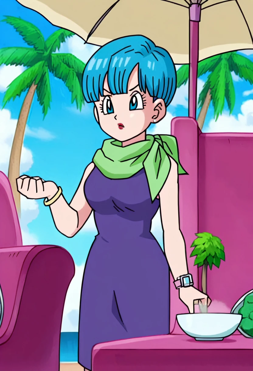 source_anime, score_9, score_8_up, score_7_up, anime screencap,8k, absurd res,
bulma, 1girl, solo, looking at viewer, short hair, ((((bowl cut)))), blue eyes, jewelry, blue hair, earrings, outdoors, sky, sleeveless, day, cloud, scarf, :o, bracelet, tree, blue sky, neckerchief, green neckwear, eyelashes, makeup, sleeveless dress, umbrella, cloudy sky, lipstick, purple dress, watch, palm tree, wristwatch, green scarf, arm by side, clenched hand