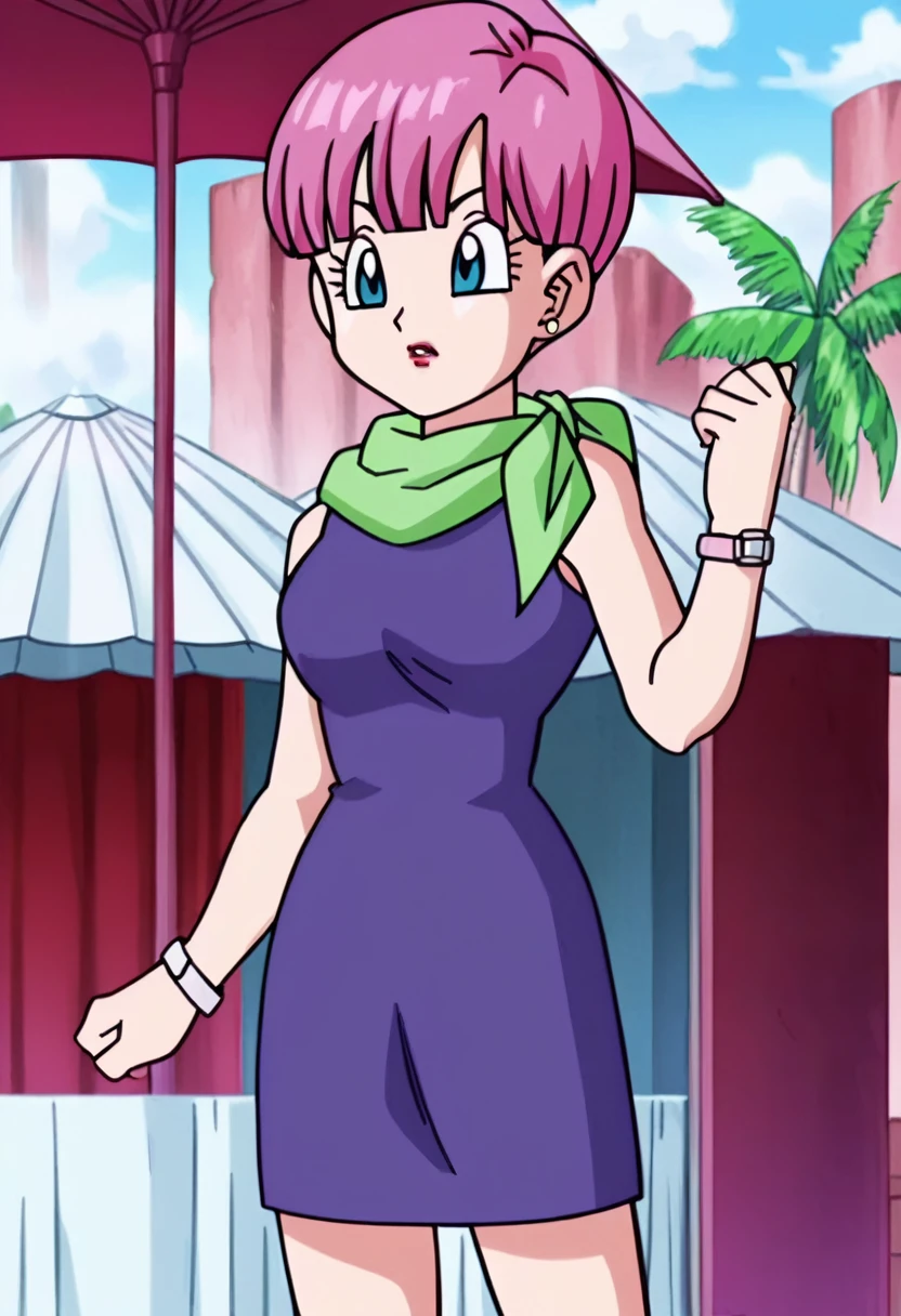 source_anime, score_9, score_8_up, score_7_up, anime screencap,8k, absurd res,
bulma, 1girl, solo, looking at viewer, short hair, ((((bowl cut)))), blue eyes, jewelry, blue hair, earrings, outdoors, sky, sleeveless, day, cloud, scarf, :o, bracelet, tree, blue sky, neckerchief, green neckwear, eyelashes, makeup, sleeveless dress, umbrella, cloudy sky, lipstick, purple dress, watch, palm tree, wristwatch, green scarf, arm by side, clenched hand