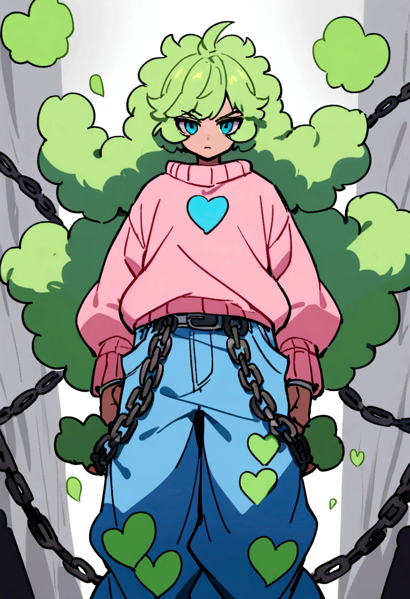 anme boy with green fluffy hair wearing baggy blue jeans and has a pink sweater with green and blue hearts on it has chains on his pants
