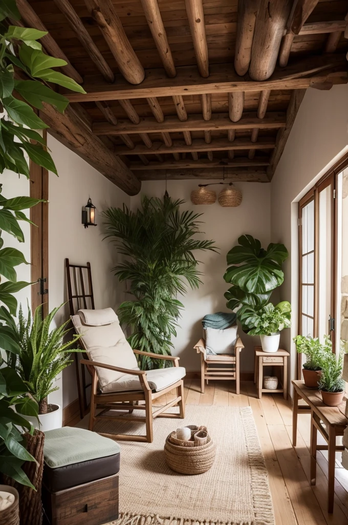 Rustic and simple holistic therapy space with plants and armchairs