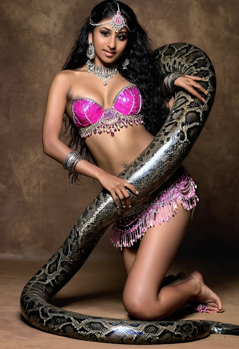 Topless pink thong Happy Horny, aroused 1girl), beautiful kneeling Indian young belly dancer with giant colossal black titanboa squeezing her hard, wrapped in thick spiraling coils, constricted, struggle, gasping for air, snake attack, snake peril, moonless night, dim light