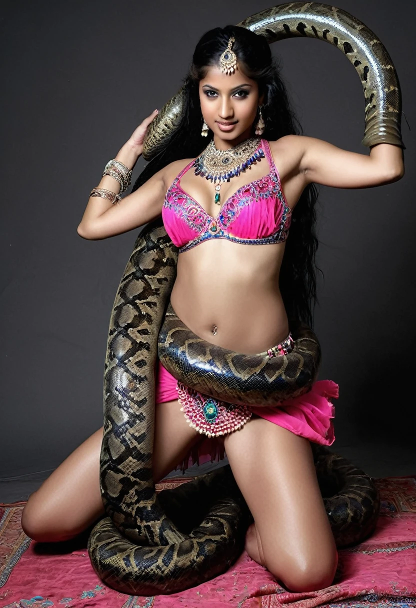Topless pink thong Happy , aroused 1girl), beautiful kneeling Indian young teen y dancer with giant colossal black titanboa eezing her hard, wrapped in thick spiraling coils, constricted, struggle, gasping for air, snake attack, snake peril, moonless night, dim light