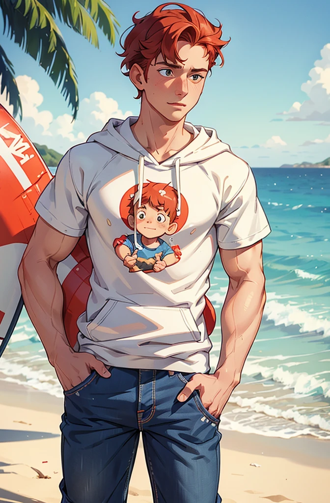 Create a childbook's illustration heartwarming scene from 'Heartstopper' featuring Nick Nelson and Charlie Spring at the beach.Both are white. Nick Nelson is a tall, athletic teenager with short, wavy blond/red hair and a kind expression. He often wears casual clothing like a t-shirt and jeans. Charlie Spring is slightly shorter, with dark curly hair and caucasian and a more slender build.he is white. He has a gentle, thoughtful expression and typically wears a hoodie and sneakers. Use soft, warm colors to emphasize the emotional connection between the characters