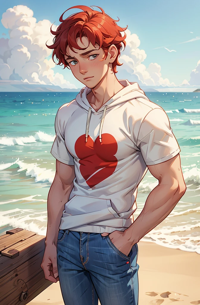 Create a childbook's illustration heartwarming scene from 'Heartstopper' featuring Nick Nelson and Charlie Spring at the beach.Both are white. Nick Nelson is a tall, athletic teenager with short, wavy blond/red hair and a kind expression. He often wears casual clothing like a t-shirt and jeans. Charlie Spring is slightly shorter, with dark curly hair and caucasian and a more slender build.he is white. He has a gentle, thoughtful expression and typically wears a hoodie and sneakers. Use soft, warm colors to emphasize the emotional connection between the characters