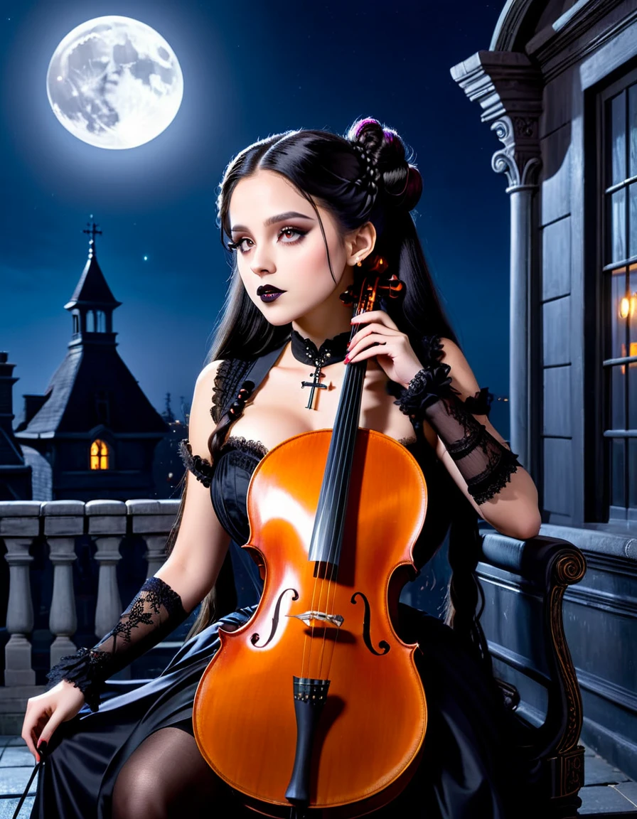 A young woman with long black hair styled in two braids and wears minimal makeup with dark eyeliner, black lipstick, sexy goth, Wednesday Addams (Jenna Ortega). Jenna Ortega as Wednesday Addams.  The setting is on the roof top of an old decaying mansion at midnight with a big bright full moon in the background. Wednesday is sitting in an old luxury ornate high back chair (playing a large cello:1.6). She is wearing black ornate fabric choker, black corset, black short feathered dress with black stockings. A peculiar, lifelike severed hand is on her shoulder, adding an element of mystery. The lighting is eerie, coming from an unseen source, creating a since of mystery and intriguing atmosphere. Hyper realistic photo, vibrant colors, 16k.