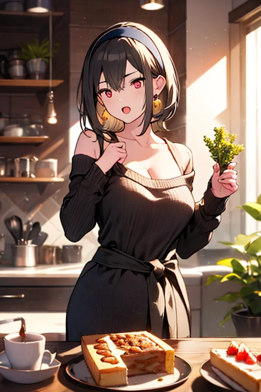 masterpiece, yor, 1girl, Amazing Cleavage:1.3, thin waist, big ass, Raised sexy, medium breast: 1.8 posed cleavage:1.2、solo, looking at viewer, open mouth, have a cup of coffee,black hair, red eyes, dress, bare shoulders, jewelry, collarbone, sidelocks, hairband, earrings, indoors, off shoulder, :o, sweater, arms behind back, plant, short hair with long locks, white hairband, off-shoulder dress, sweater dress, off-shoulder sweater, red sweater, big side hair, very long side hair,is rendered in (masterpiece: 1.2, best quality), with (ultra high resolution) and an exquisite (depth of field). This masterpiece is not only visually stunning but also tells, make of cake cooking ,in the kitchen
