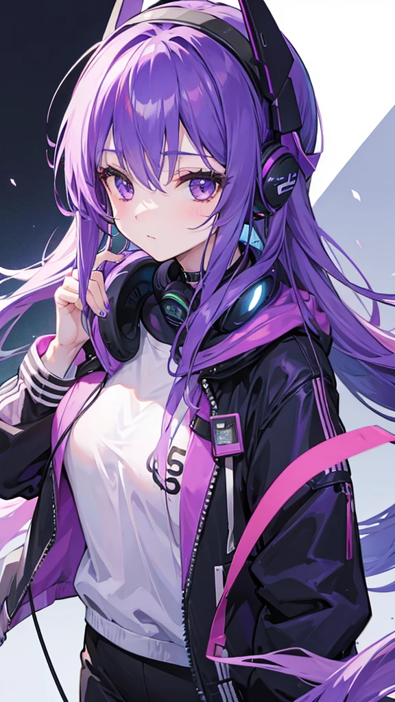 Girl with long purple hair wearing headset