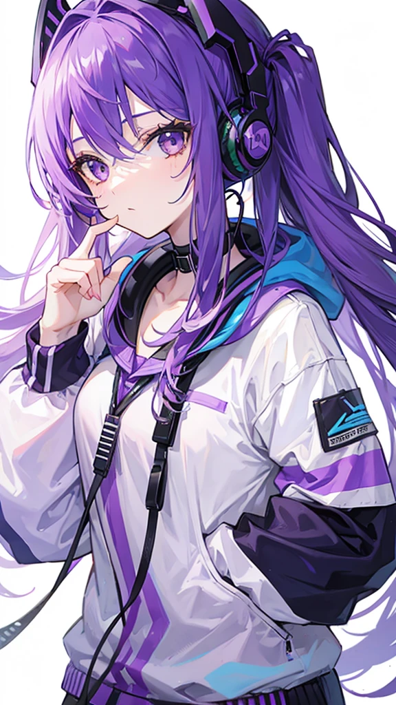 Girl with long purple hair wearing headset