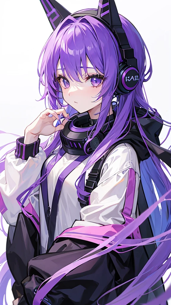 Girl with long purple hair wearing headset