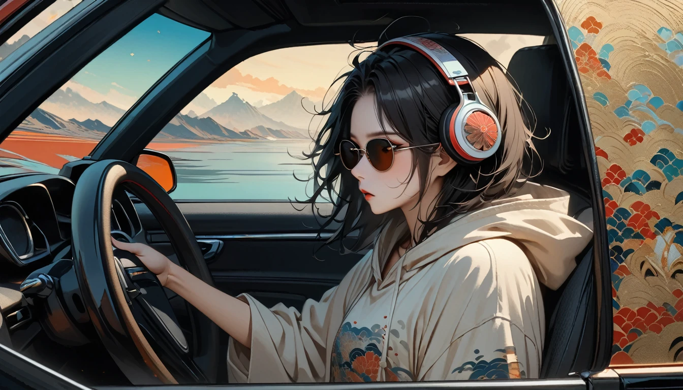 ((8k of extremely detailed CG unit, Masterpiece, high resolution, highest quality, highest quality real texture skin)), (wearing Japanese pattern headphones), ((1 girl)), (((side view))), (((Holding the steering wheel of a car and driving))), (((sunglasses))), (Japanese pattern hoodie, Japanese-style shorts), (Black hair, messy hair, beige skin), (surreal, digital painting), Midnight