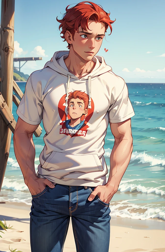 Create a  heartwarming scene from 'Heartstopper' featuring Nick Nelson and Charlie Spring at the beach.Both are white. Nick Nelson is a tall, athletic teenager with short, wavy blond/red hair and a kind expression. He often wears casual clothing like a t-shirt and jeans. Charlie Spring is slightly shorter, with dark curly hair and caucasian and a more slender build.he is white. He has a gentle, thoughtful expression and typically wears a hoodie and sneakers. Use soft, warm colors to emphasize the emotional connection between the characters 