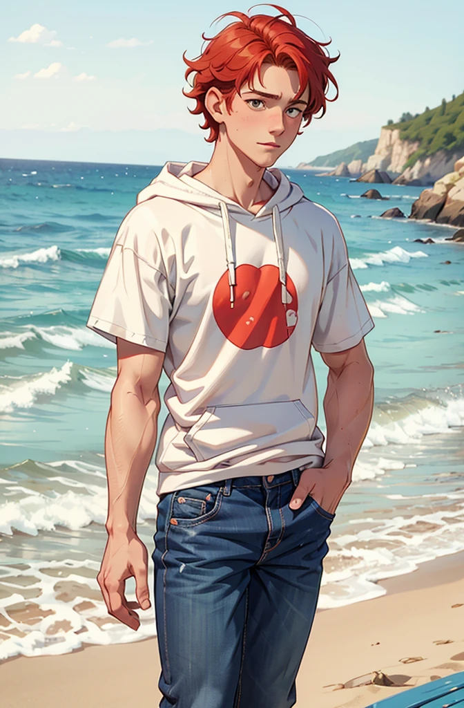 Create a heartwarming scene from 'Heartstopper' featuring Nick Nelson and Charlie Spring at the beach.Both are white. Nick Nelson is a tall, athletic teenager with short, wavy blond/red hair and a kind expression. He often wears casual clothing like a t-shirt and jeans. Charlie Spring is slightly shorter, with dark curly hair and caucasian and a more slender build.he is white. He has a gentle, thoughtful expression and typically wears a hoodie and sneakers. Use soft, warm colors to emphasize the emotional connection between the characters