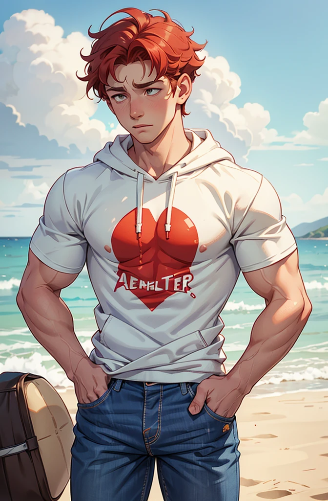 young adult handsome nerdy man, strong, tall, muscular, with beautiful red hair wearing only a sleeveless t-shirt, white shorts, large glasses, examining a crown made of white gold inlaid with opal, becoming corrupted and being totally controlled by the crown cursed to complete evil