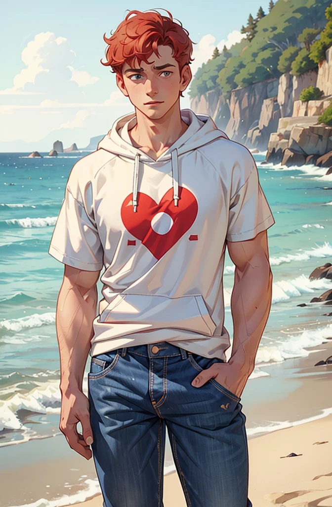 Create a heartwarming scene from 'Heartstopper' featuring Nick Nelson and Charlie Spring at the beach.Both are white. Nick Nelson is a tall, athletic teenager with short, wavy blond/red hair and a kind expression. He often wears casual clothing like a t-shirt and jeans. Charlie Spring is slightly shorter, with dark curly hair and caucasian and a more slender build.he is white. He has a gentle, thoughtful expression and typically wears a hoodie and sneakers. Use soft, warm colors to emphasize the emotional connection between the characters