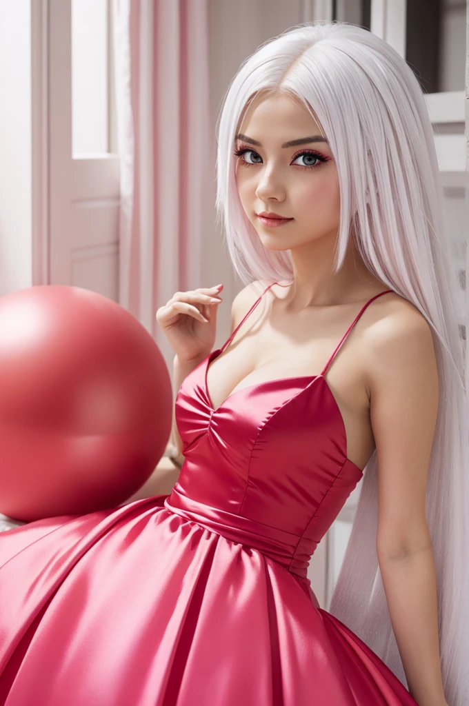 Anime girl with white hair, pink eyes and a red ball gown