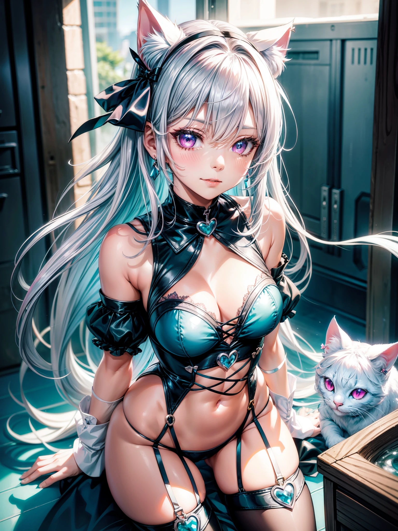 Silver hair, pink eyes, cat ears, adult girl, earrings, fantasy background, teal blue clothes, hair bows, happy face, thigh up