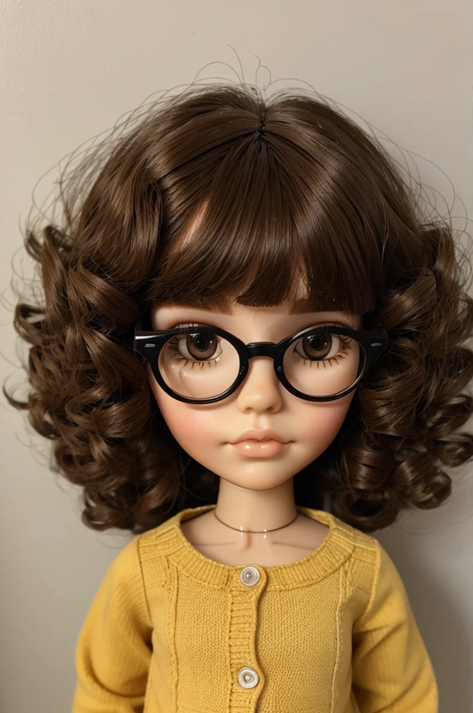 blythe doll brown curly hair with bangs and glasses