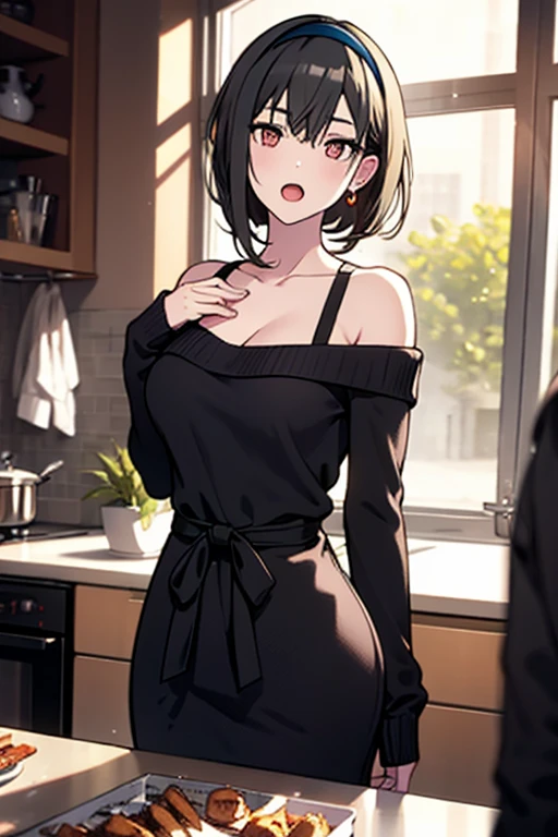 masterpiece, yor, 1girl, Amazing Cleavage:1.3, thin waist, big ass, Raised sexy, medium breast: 1.8 posed cleavage:1.2、solo, looking at viewer, open mouth, have a cup of coffee,black hair, red eyes, dress, bare shoulders, jewelry, collarbone, sidelocks, hairband, earrings, indoors, off shoulder, :o, sweater, arms behind back, plant, short hair with long locks, white hairband, off-shoulder dress, sweater dress, off-shoulder sweater, red sweater, big side hair, very long side hair,is rendered in (masterpiece: 1.2, best quality), with (ultra high resolution) and an exquisite (depth of field). This masterpiece is not only visually stunning but also tells, make of cake cooking ,in the kitchen
