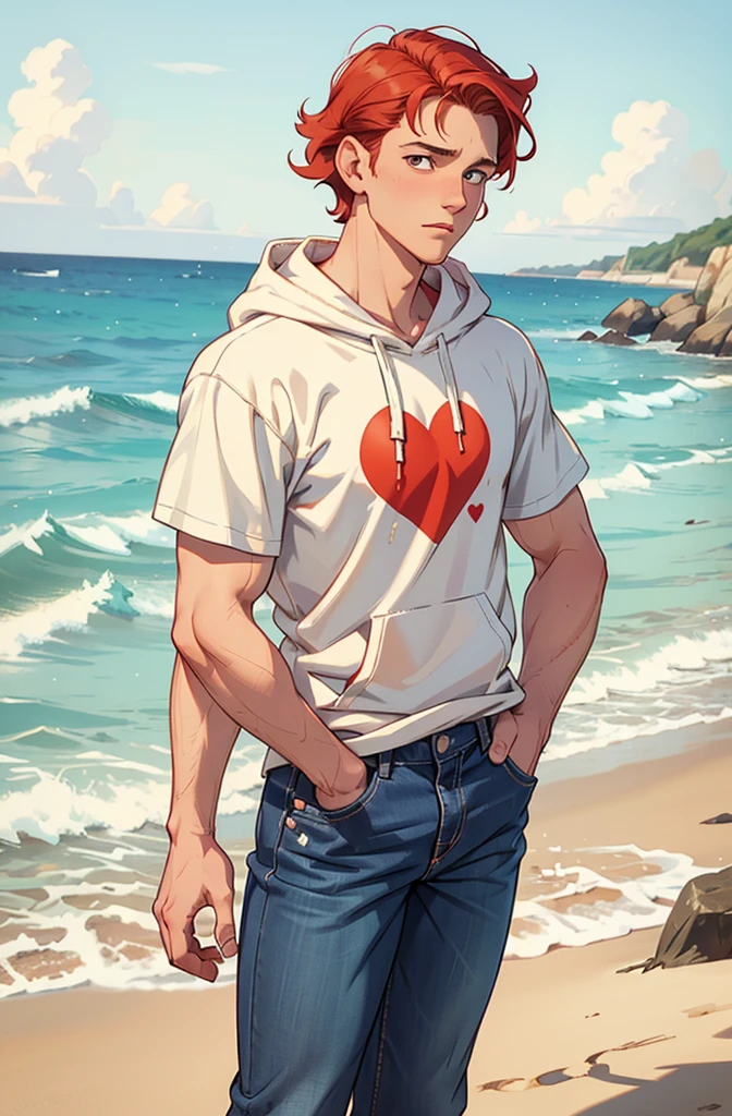 Create a retro illustration heartwarming scene from 'Heartstopper' featuring Nick Nelson and Charlie Spring at the beach.Both are white. Nick Nelson is a tall, athletic teenager with short, wavy blond/red hair and a kind expression. He often wears casual clothing like a t-shirt and jeans. Charlie Spring is slightly shorter, with dark curly hair and caucasian and a more slender build.he is white. He has a gentle, thoughtful expression and typically wears a hoodie and sneakers. Use soft, warm colors to emphasize the emotional connection between the characters 