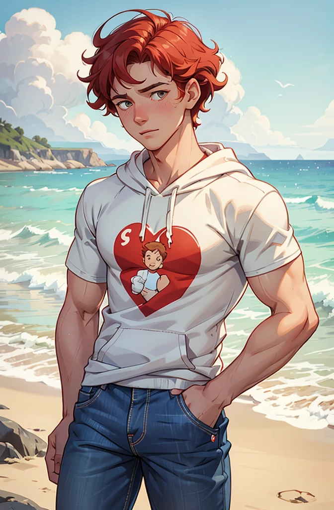 Create a retro illustration heartwarming scene from 'Heartstopper' featuring Nick Nelson and Charlie Spring at the beach.Both are white. Nick Nelson is a tall, athletic teenager with short, wavy blond/red hair and a kind expression. He often wears casual clothing like a t-shirt and jeans. Charlie Spring is slightly shorter, with dark curly hair and caucasian and a more slender build.he is white. He has a gentle, thoughtful expression and typically wears a hoodie and sneakers. Use soft, warm colors to emphasize the emotional connection between the characters