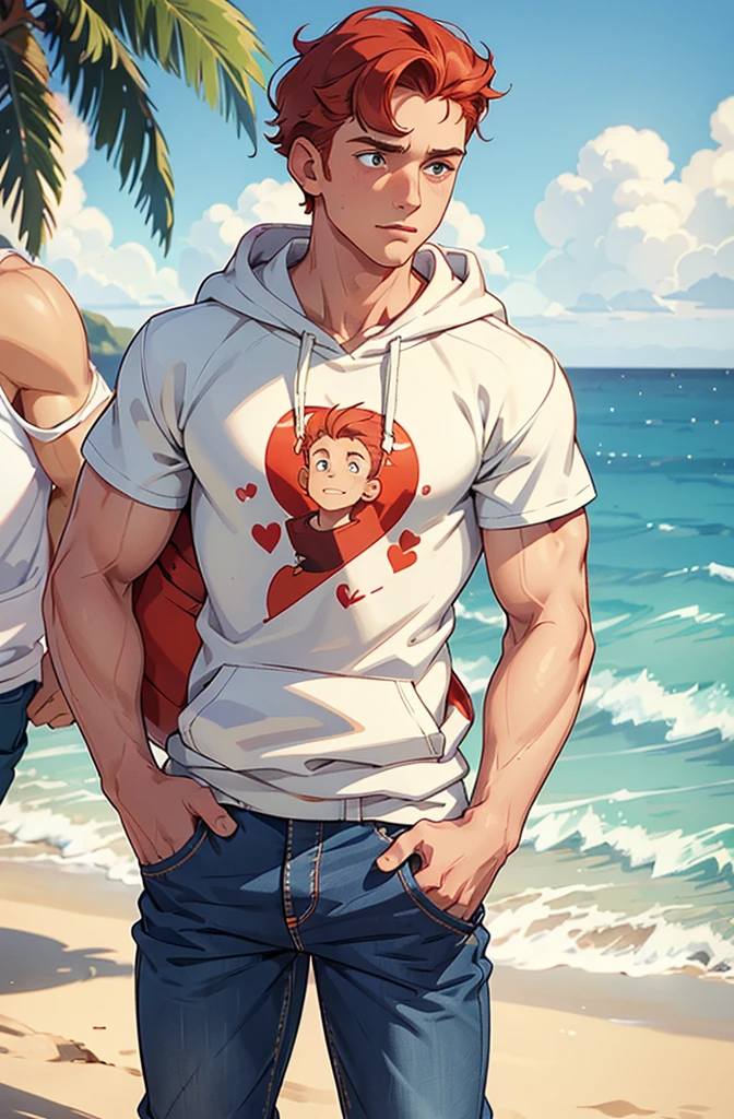 Create a retro illustration heartwarming scene from 'Heartstopper' featuring Nick Nelson and Charlie Spring at the beach.Both are white. Nick Nelson is a tall, athletic ager with short, wavy blond/red hair and a kind expression. He often wears casual clothing like a t-shirt and jeans. Charlie Spring is slightly shorter, with dark curly hair and caucasian and a more slender build.he is white. He has a gentle, thoughtful expression and typically wears a hoodie and sneakers. Use soft, warm colors to emphasize the emotional connection between the characters