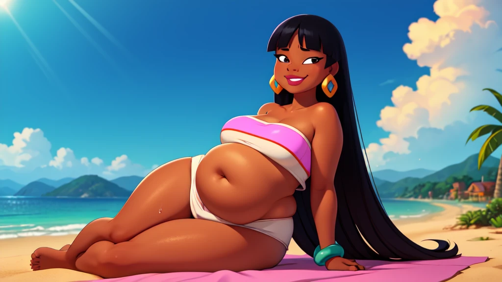 (work of art:1.2, best qualityer:1.2), soft ambient lighting, perfect lighting, 1 girl, standing alone, Chel, Bblack hair, long hair, rhombus stripe, eyes browns, darkskin, lipstick, breasts big, Broad Hips, top of the tube, neckleace, bared shoulders, emerald earrings, emerald bracelets, looking at the camera with a smug expression on his face, beach background, very large body, fat belly rolls, big breasts, sexy smile, fat arms, thunder thighs, super fat, looking at viewer, wet clothes, sweating very hard, sexy looking, blob, breathtaking, bedroom, lying in bed, home
