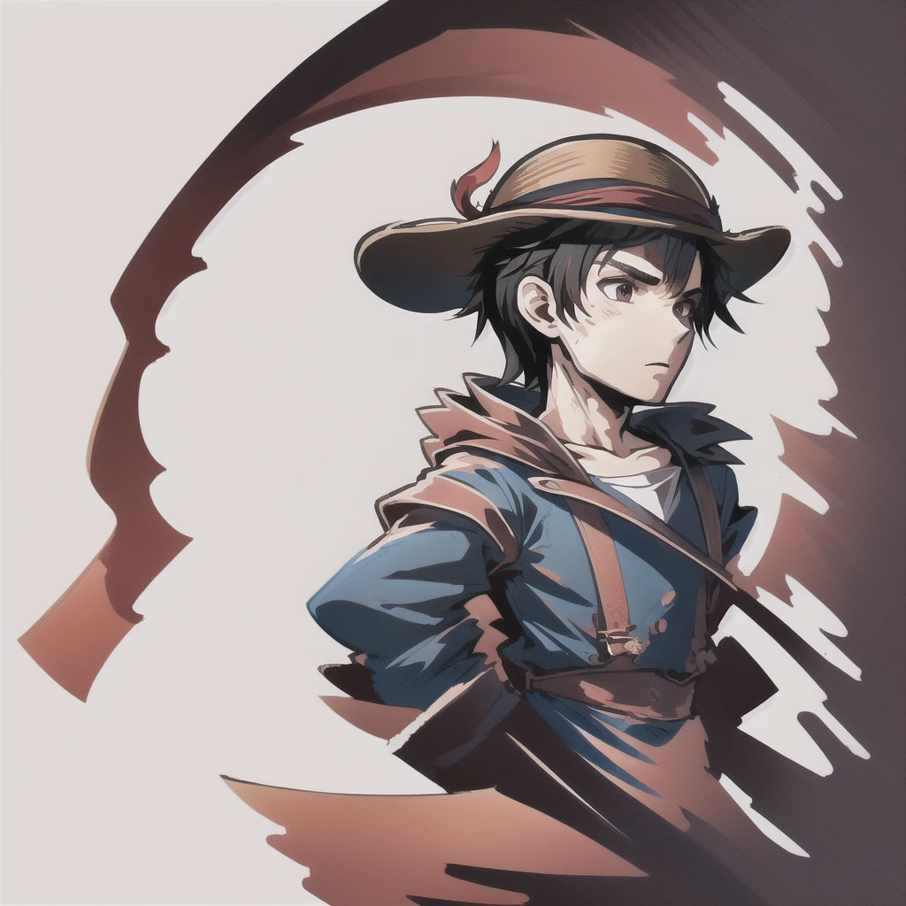(masterpiece, best quality), Intricate detailing, 8K, artstation, backdrop, offcial art, keen focus, 1 boy, One Piece, chibi, Straw Hat Logo, White background, simple sea background, black hair, pirate flag in the background, only up to the upper body, Strawhat, red top, Straw hat on the head, Straw, masculine