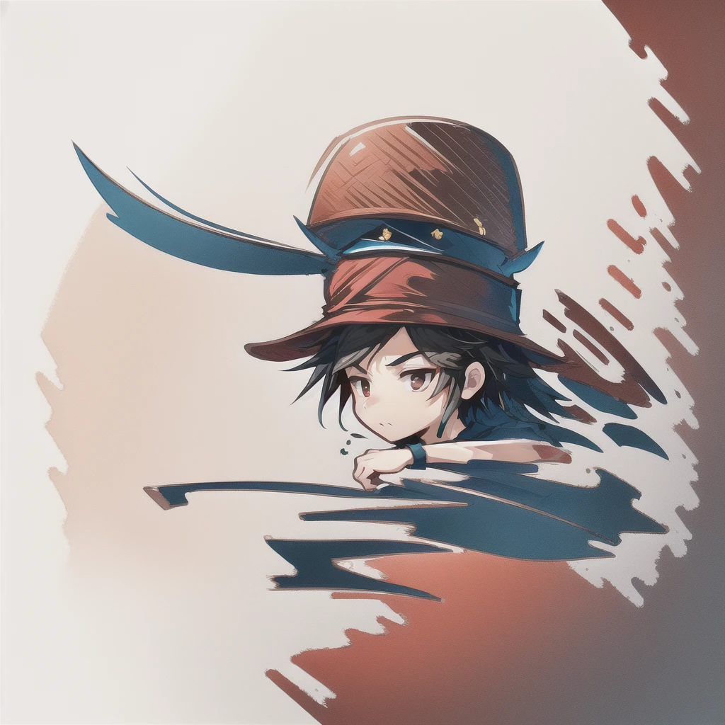 (​masterpiece, best quality), Intricate detailing, 8K, artstation, backdrop, offcial art, keen focus, 1 boy, One Piece, chibi, Straw Hat Logo, White background, simple sea background, black hair, pirate flag in the background, only up to the upper body, Strawhat, red top, Straw hat on the head, Straw, masculine