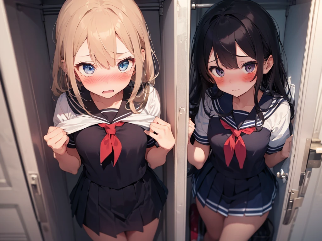 2 girls, shoved inside a locker, ((sailor uniform, short sleeve, tight clothing, miniskirt)), (blushing:1.5), (blushing, worried, teary eyes), perfect body, perfect face, perfecte eyes, beautiful eyes, detailed eyes, image taken from inside