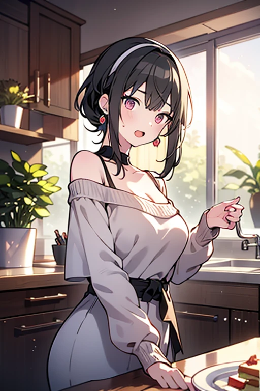 masterpiece, yor, 1girl, Amazing Cleavage:1.3, thin waist, big ass, Raised sexy, medium breast: 1.8 posed cleavage:1.2、solo, looking at viewer, open mouth, have a cup of coffee,black hair, red eyes, dress, bare shoulders, jewelry, collarbone, sidelocks, hairband, earrings, indoors, off shoulder, :o, sweater, arms behind back, plant, short hair with long locks, white hairband, off-shoulder dress, sweater dress, off-shoulder sweater, red sweater, big side hair, very long side hair,is rendered in (masterpiece: 1.2, best quality), with (ultra high resolution) and an exquisite (depth of field). This masterpiece is not only visually stunning but also tells, make of cake cooking ,in the kitchen
