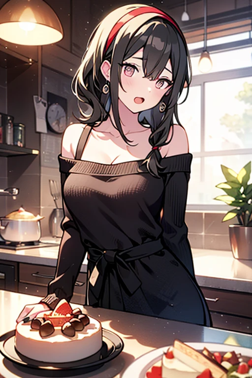 masterpiece, yor, 1girl, Amazing :1.3, thin waist, big ass, Rai sexy, mediureast: 1.8 poeavage:1.2、solo, lt viewer, o mouth, have a cup of coffee,black hair, red eyes, dress, bare shoulders, jewelry, collarbone, sidelocks, hairband, earrings, indoors, off shoulder, :o, sweater, arms behind back, plant, short hair with long locks, white hairband, off-shoulder dress, sweater dress, off-shoulder sweater, red sweater, big side hair, very long side hair,is rendered in (masterpiece: 1.2, best quality), with (ultra high resolution) and an exquisite (depth of field). This masterpiece is not only visually stunning but also tells, make of cake cooking ,in the kitchen