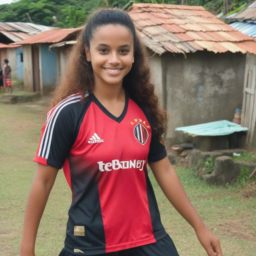 "Brazilian taking advantage, face neutral, flamengo blouse, shanty town, cinematic, realistic, QG, in a flamengo outfit. periphery