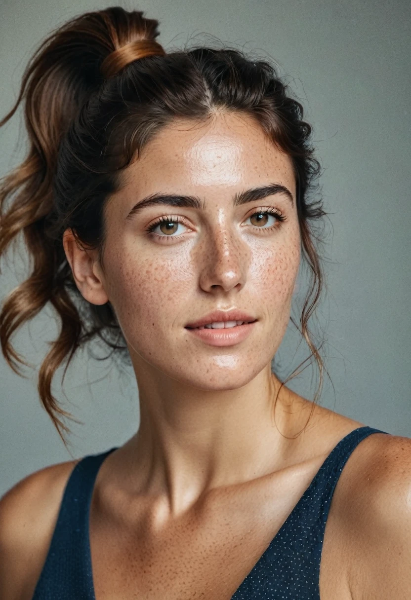 Portrait of Roberta Gemma, italian woman, 30 years old, face highly detailed, natural skin with light freckles, light make-up, hair up with a ponytail.