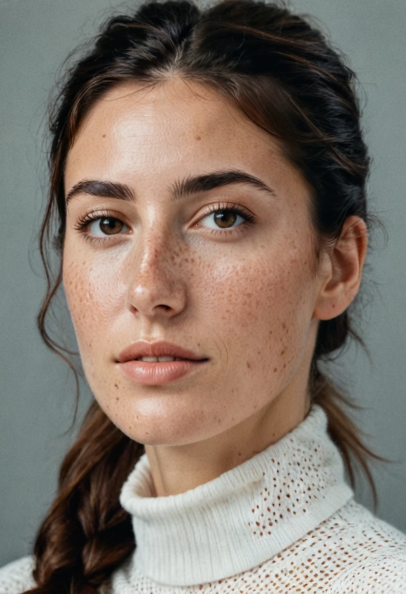 Portrait of Roberta Gemma, italian woman, 30 years old, face highly detailed, natural skin with light freckles, light make-up, hair up with a ponytail.