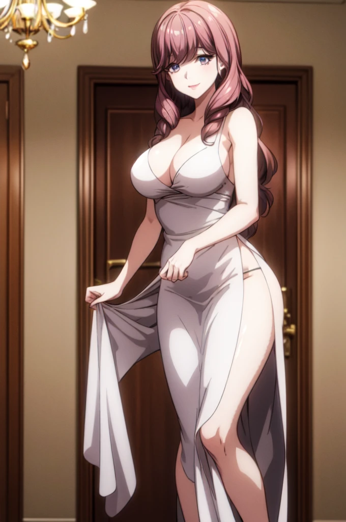 perfect eyes:1.2, detailed eyes:1.4, hall, smile, chandelier, medium hair, Kurayoshi_R, cleavage, large breasts, white dress, pelvic curtain, long dress, medium full shot, thigh-level shot, 1girl,(masterpiece:1.6, best quality),