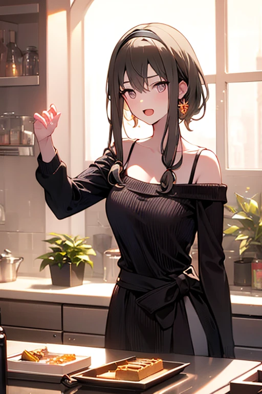 masterpiece, yor, 1girl, Amazing Cleavage:1.3, thin waist, big ass, Raised sexy, medium breast: 1.8 posed cleavage:1.2、solo, looking at viewer, open mouth, have a cup of coffee,black hair, red eyes, dress, bare shoulders, jewelry, collarbone, sidelocks, hairband, earrings, indoors, off shoulder, :o, sweater, arms behind back, plant, short hair with long locks, white hairband, off-shoulder dress, sweater dress, off-shoulder sweater, red sweater, big side hair, very long side hair,is rendered in (masterpiece: 1.2, best quality), with (ultra high resolution) and an exquisite (depth of field). This masterpiece is not only visually stunning but also tells, make of cake cooking ,in the kitchen
