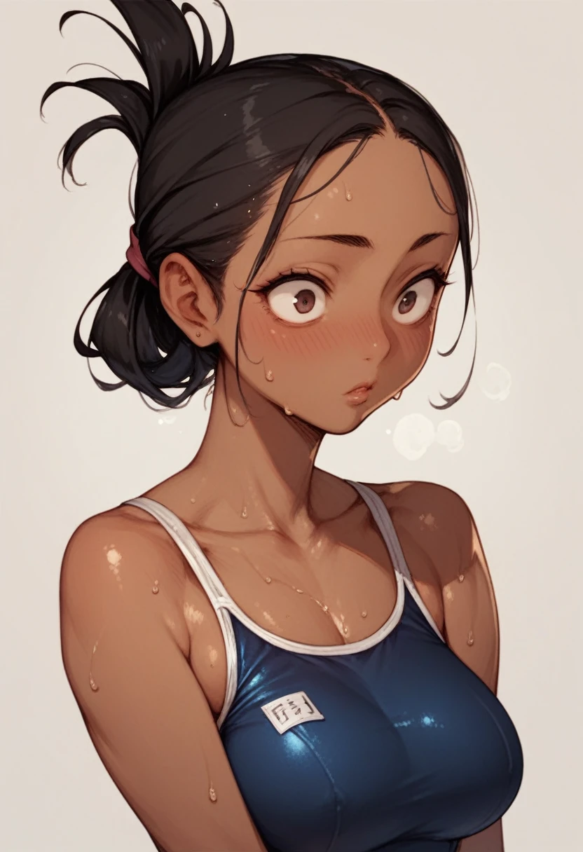 (((Dark brown skin))) To LOVEる Sailor suit School Swimsuit Beautiful tall woman Black Hair Long, narrow eyes sweat (((folded ponytail))) Alluring classroom Love juice