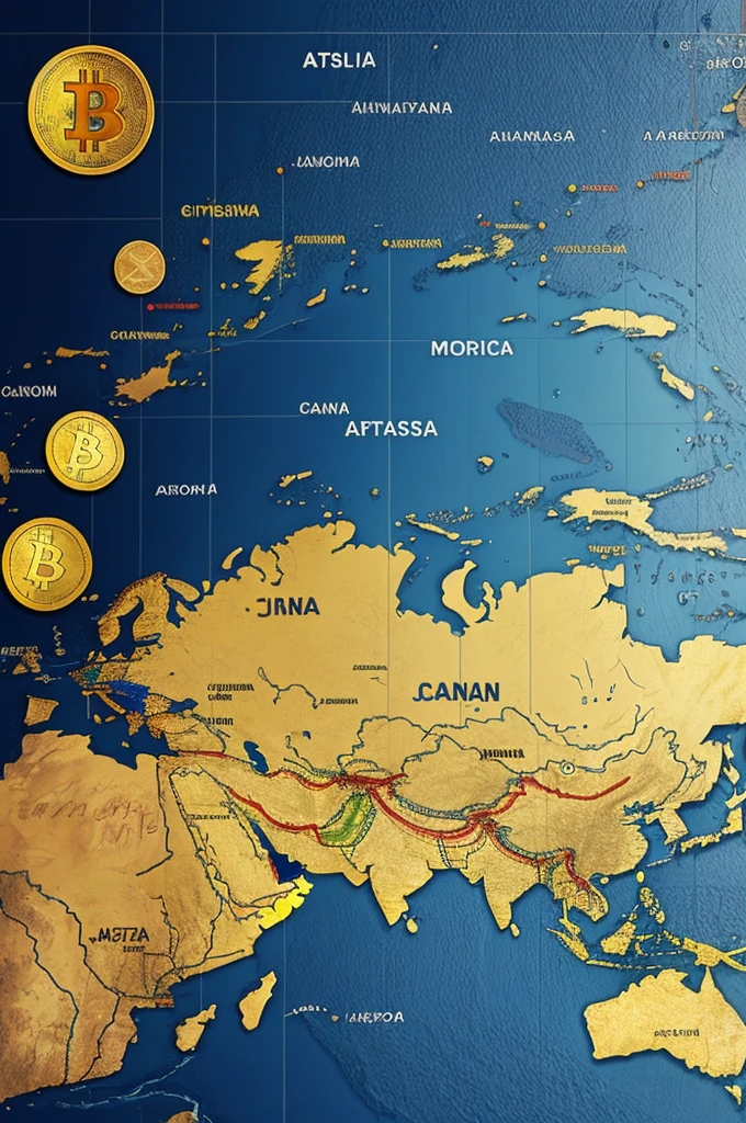 A map that shows all Spanish speaking and that has the currencies of different cryptocurrencies in the background 
