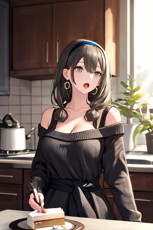masterpiece, yor, 1girl, Amazing Cleavage:1.3, thin waist, big ass, Raised sexy, medium breast: 1.8 posed cleavage:1.2、solo, looking at viewer, open mouth, have a cup of coffee,black hair, red eyes, dress, bare shoulders, jewelry, collarbone, sidelocks, hairband, earrings, indoors, off shoulder, :o, sweater, arms behind back, plant, short hair with long locks, white hairband, off-shoulder dress, sweater dress, off-shoulder sweater, red sweater, big side hair, very long side hair,is rendered in (masterpiece: 1.2, best quality), with (ultra high resolution) and an exquisite (depth of field). This masterpiece is not only visually stunning but also tells, make of cake cooking ,in the kitchen