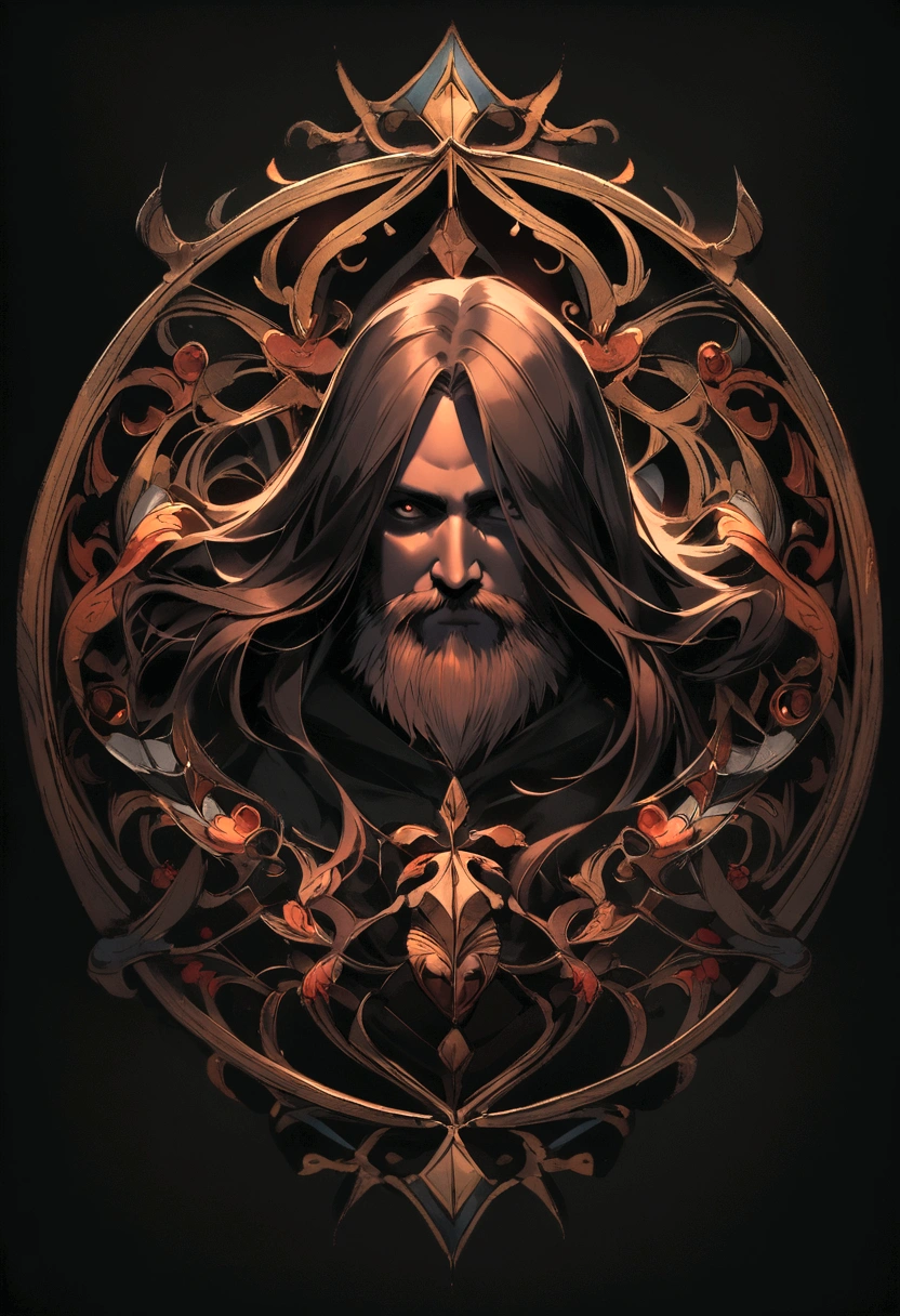  man with a dark face in the center with medium long brown hair and medium beard with books on a very dark background all symmetrical